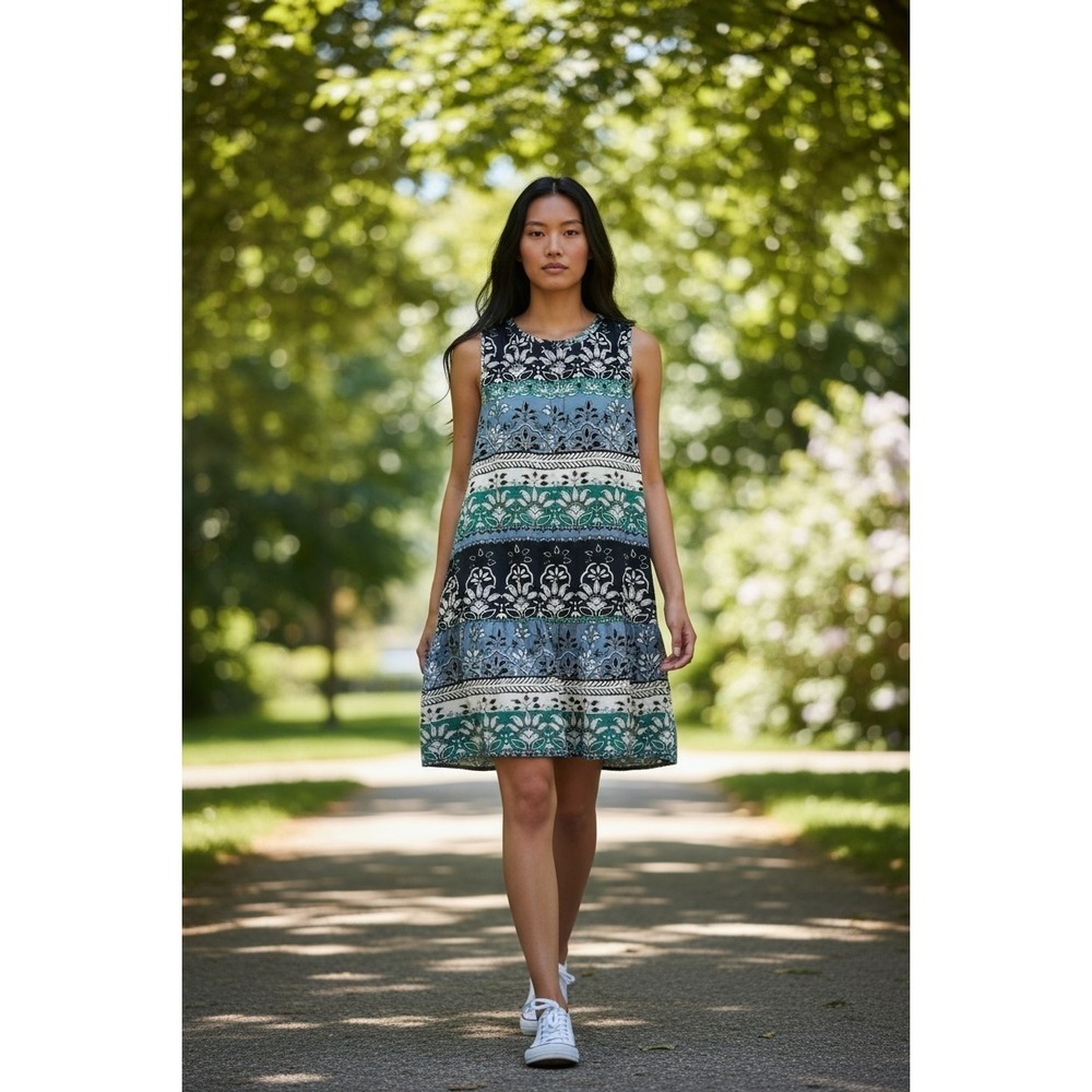 Loft Chiffon Abstract Midi A-Line‎ Dress size Medium Nautical Tile Patch Beachy